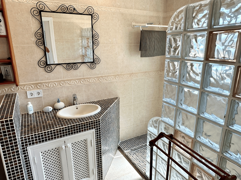 The image shows a bathroom with a vanity sink, a decorative mirror, and a glass block window. The walls are tiled with a patterned design, and there is a towel rack and other bathroom accessories visible.