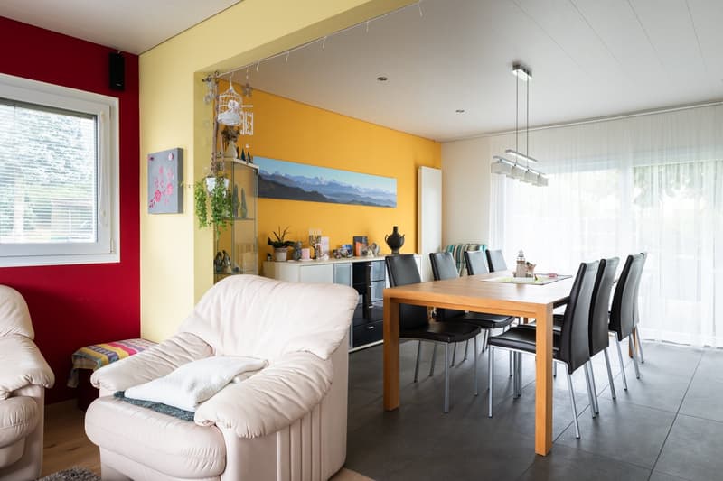 Diner and living room area with wooden table and chairs, yellow wall, red wall, couch, picture, ceiling light, cabinet with plants, radiator, and windows with white curtains.