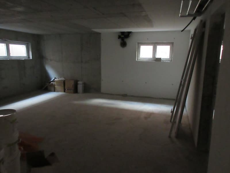 Empty room with concrete walls, two windows, and a ladder leaning against the wall.