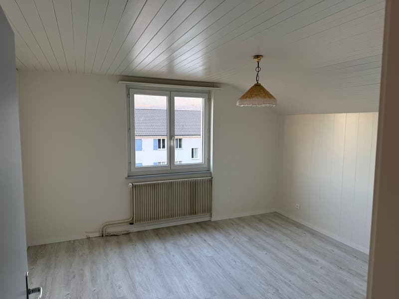 Empty room, white walls, ceiling, white floor, radiator, window, glass window, outside building