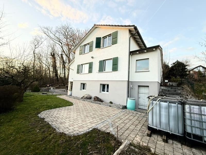 Detached house with green shutters and a garage, brick driveway, grass lawn, trees