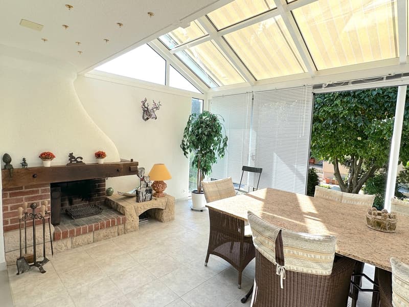 dining area with fireplace, dining table, chairs, windows, potted plant, skylights