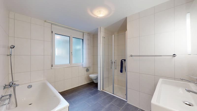 Bathtub, shower enclosure, sink, toilet, window, tiled floor, ceiling lamp