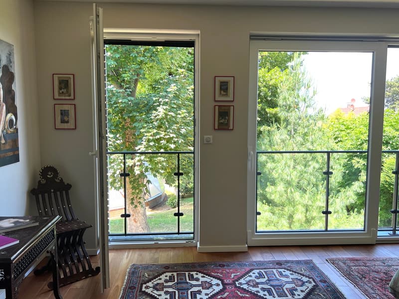 Large windows leading to balcony, wooden floor, two carpets, a table with books, a chair.