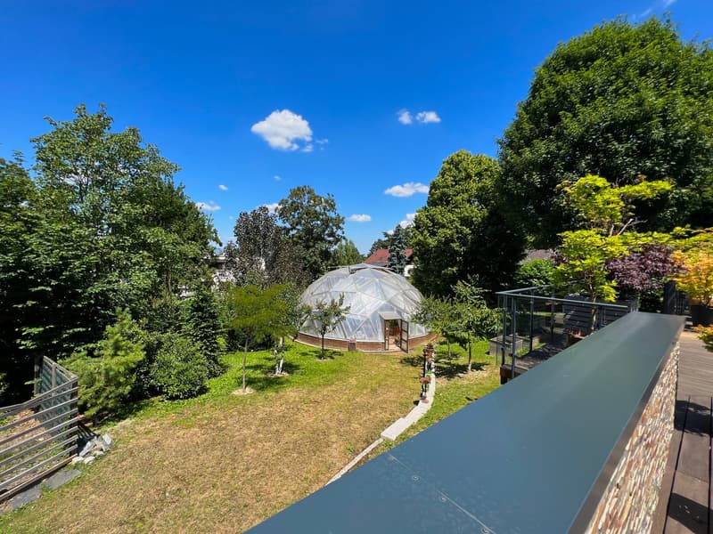 Geodesic dome house, surrounded by lush trees, central garden path, fenced perimeter