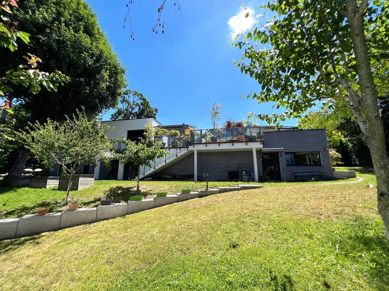 modern house, elevated terrace, garden, concrete planters, well-maintained grass