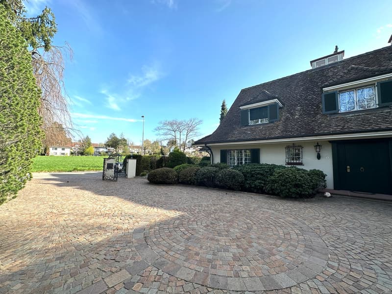 House with a gravel driveway, black entrance door, white wall, brown roof, green bushes, large green lawn, closed black gate, street lamp
