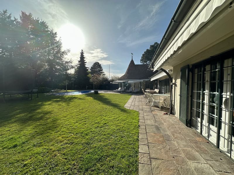 large grassy lawn, swimming pool, lounge chairs, table and chairs