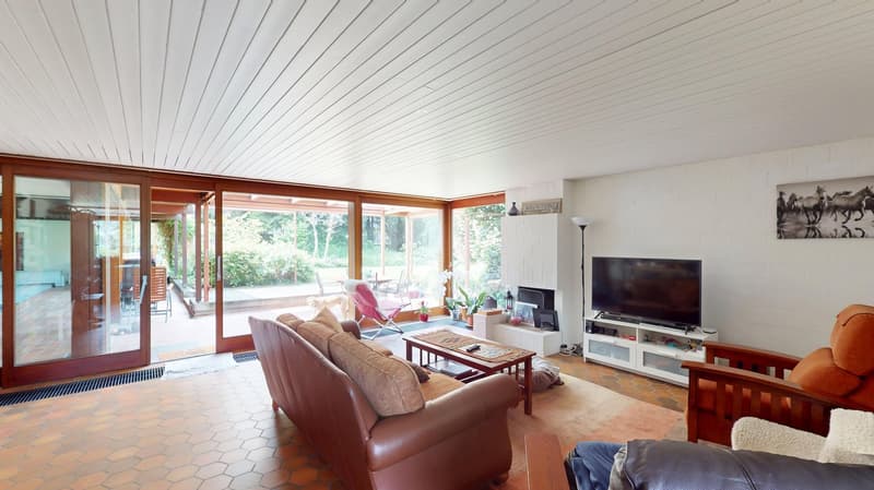 Leather couch, coffee table, fireplace, television, wooden chair, sliding doors, garden view