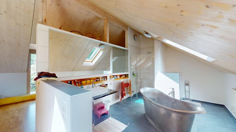 attic bathroom, bathtub, sink, shower, storage shelves, window