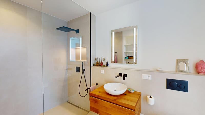 Modern bathroom with glass shower enclosure, wooden vanity, round white sink, white walls, recessed lighting, wall-mounted power outlet, wall-mounted mirror with LED lighting, bathroom mirror with decorative frame, small statue.