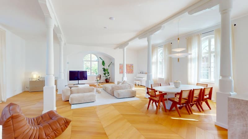 large open living area, modern decor, wooden flooring, high ceiling, panoramic windows, natural light