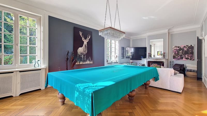 large room, pool table, wooden flooring, fireplace, large windows, decor, painting, tv, mirror, couch
