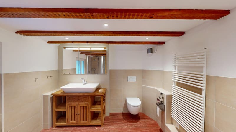 Tiled wall, large mirror, wooden vanity, white toilet, wooden floor, wooden beams on ceiling