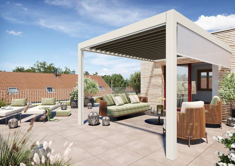 modern pergola, green sofa, brown chairs, wooden table, tiled floor, greenery