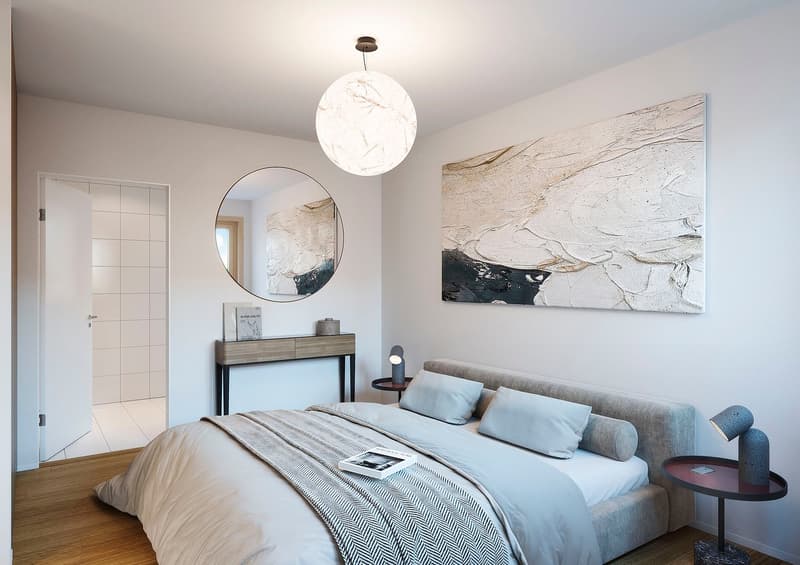 Bedroom with a bed, nightstands, a mirror, and a painting on the wall