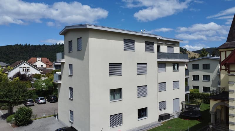 4 story building, white exterior, multiple windows, balconies, parking area, trees, mountains in the background