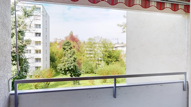 Balcony with railings, red and white striped awning, view of trees and grass
