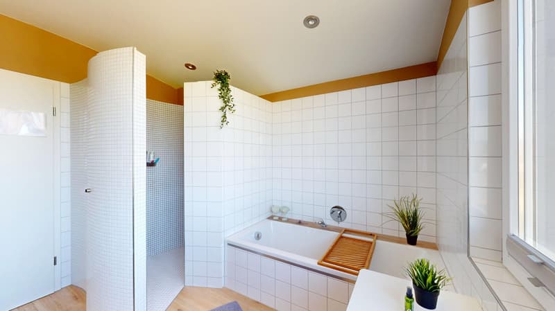 white tiles, bathtub, shower, plants, wooden tray, window