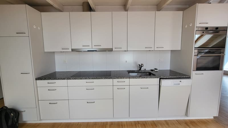 Modern kitchen, countertops and cabinets white, dishwasher, washing machine, silver oven, sink, gas stove
