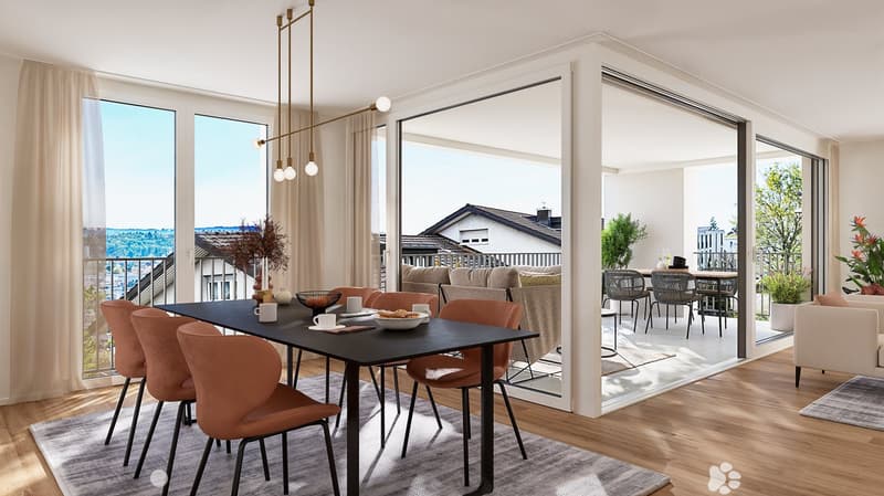 Spacious open-plan living and dining area with large windows offering a scenic view, hardwood floors, modern dining table and chairs, comfortable sofa, and a balcony or terrace accessible through the sliding glass doors.