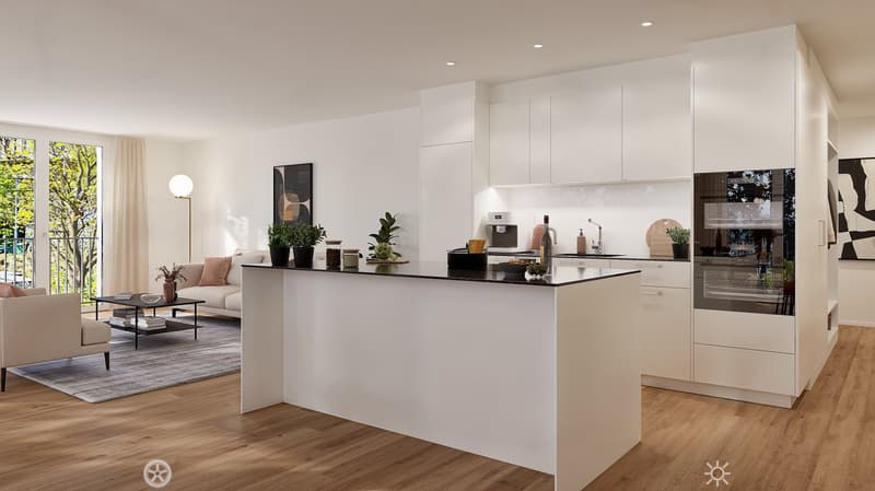 The image shows an open concept living room and kitchen area with a modern, minimalist design. The kitchen features white cabinets, a black countertop, and a built-in dishwasher. The living room has a beige sofa and a coffee table. The space is bright and