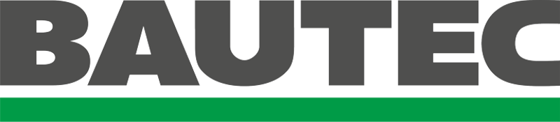 Logo for Bautec, with a green and white line on the bottom