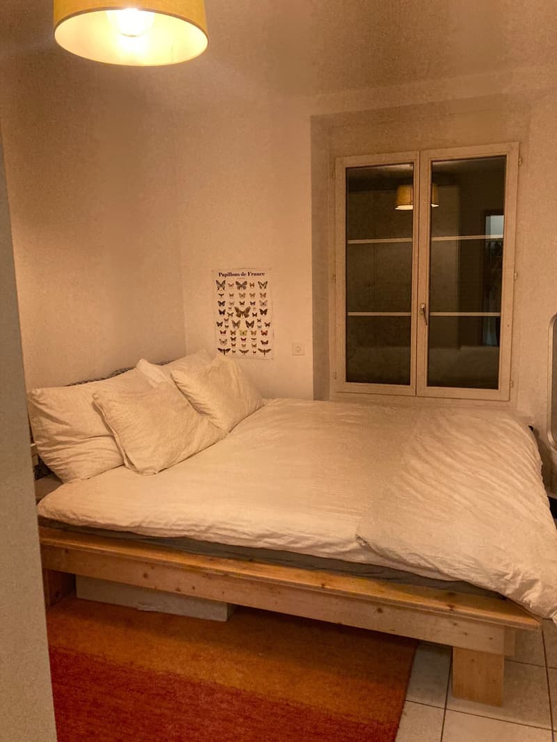 Wooden bed with mattress, multiple white pillows, rug on floor, white walls, double doors, lamp