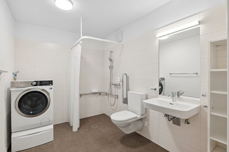 white tiled walls, white toilet, white sink, white washing machine, shower