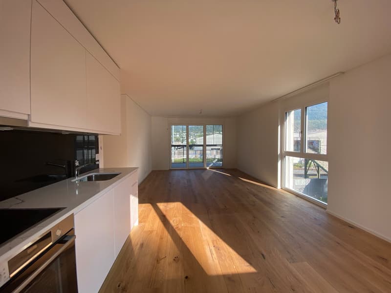 kitchen has modern white cabinets, white countertops, wooden floors, sink, faucet, and oven. Large glass windows. Kitchen is empty.