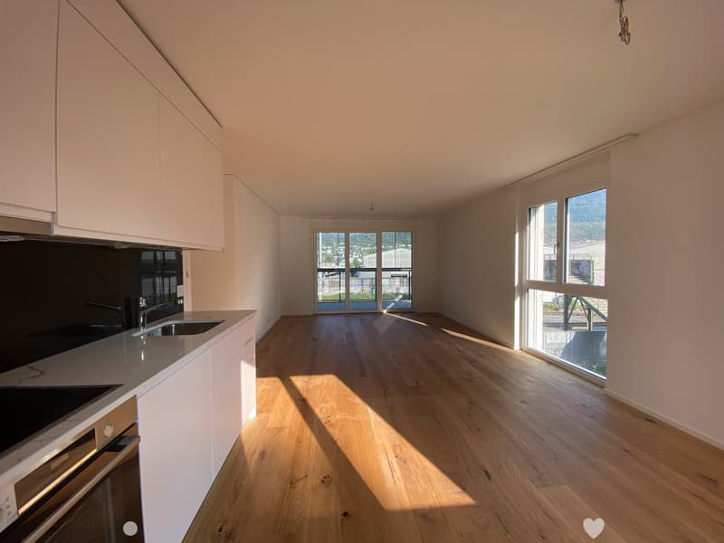kitchen has modern white cabinets, white countertops, wooden floors, sink, faucet, and oven. Large glass windows. Kitchen is empty.