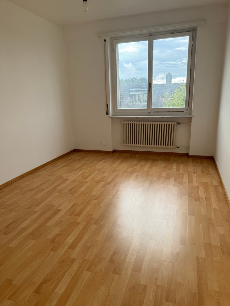 Empty room with wooden floors, white walls, and a large window. A white radiator is installed below the window.