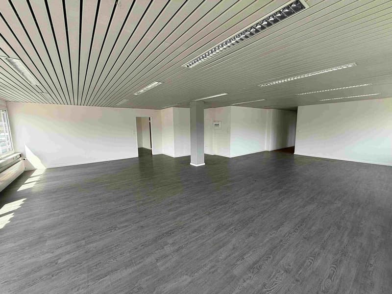Large open space with gray wood-like flooring, white walls, and a patterned ceiling with recessed lighting. The space appears to be a commercial or office area ready for use or renovation.