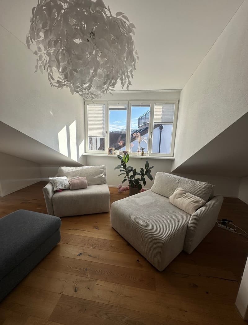 living room with wooden floor, two couches, ottoman, potted plant, chandelier, window with balcony view