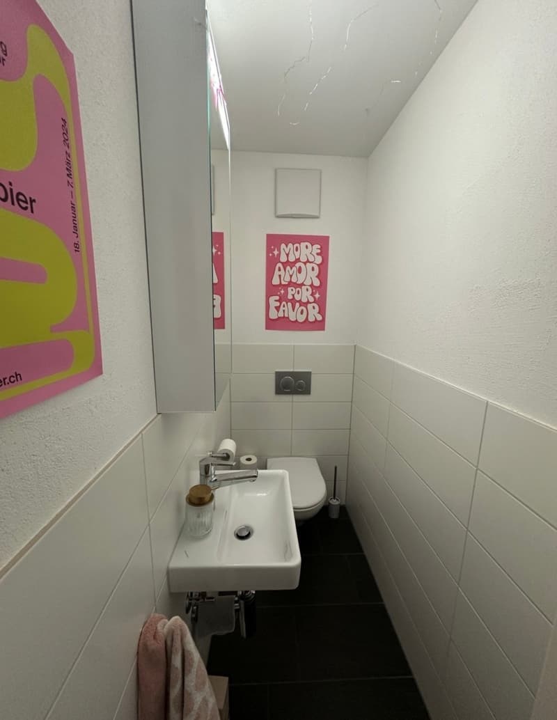 small bathroom with white tiles, white sink, white toilet, mirror, pink poster, towel