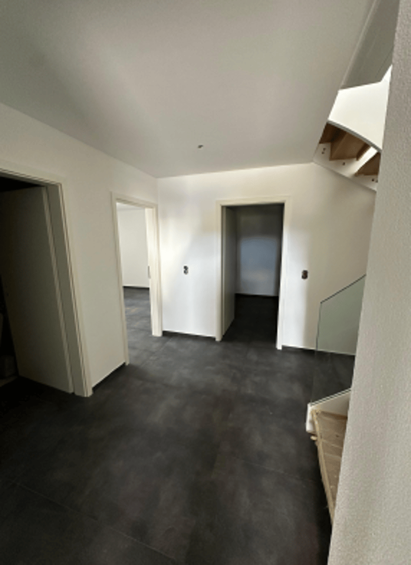 empty room, tiled floor, white walls, doors, glass railing