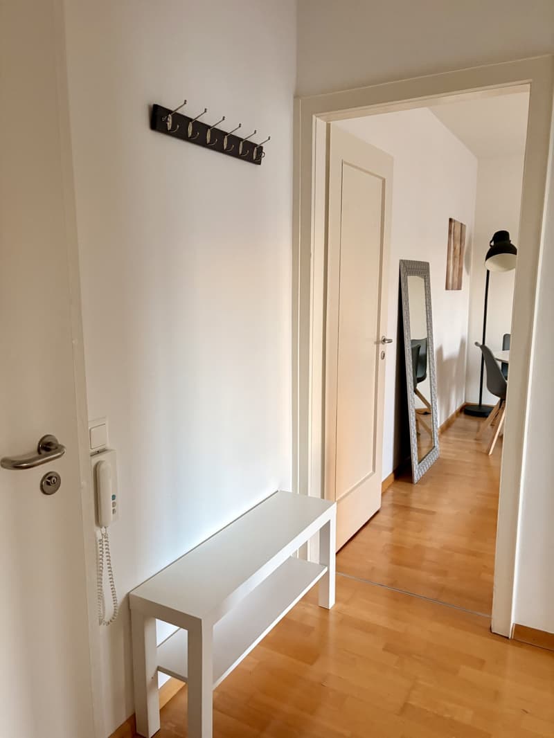 white bench, mirror, door, wall-mounted coat rack, telephone, floor