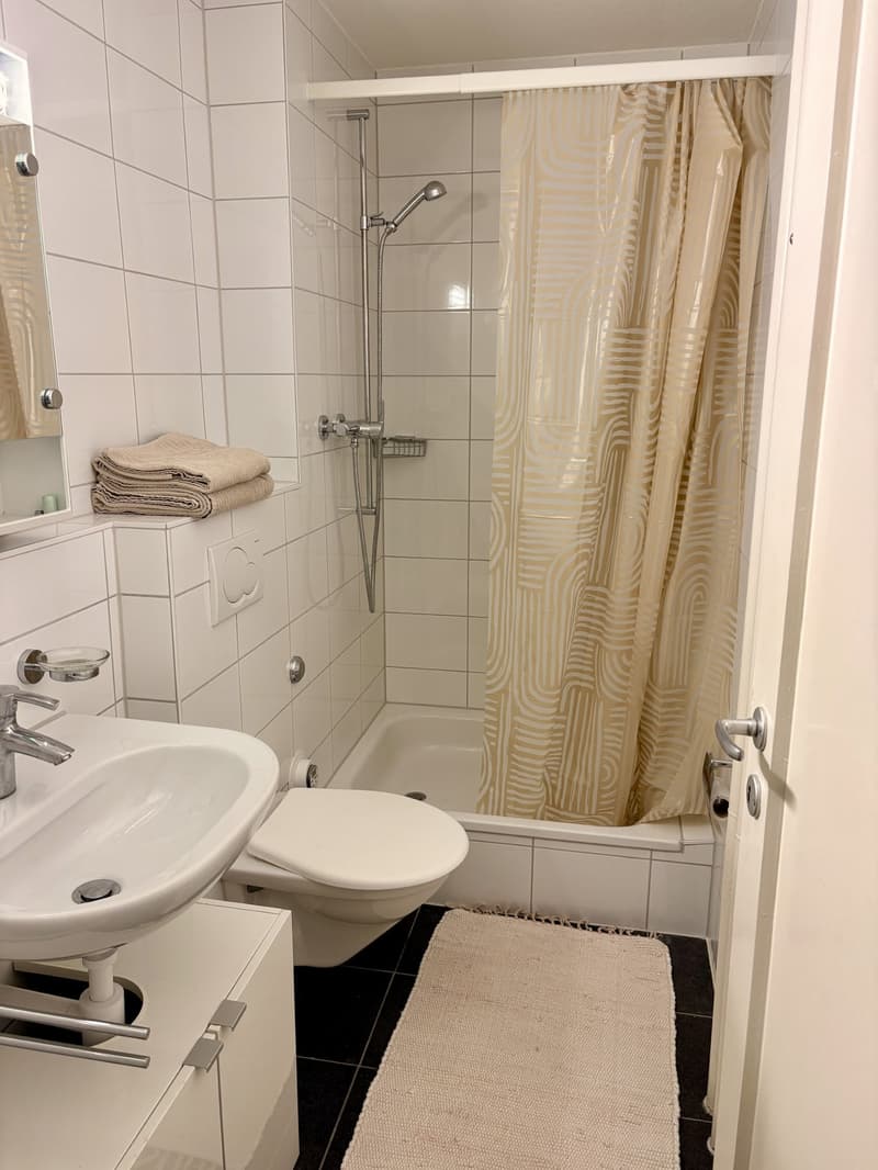 white sink, white toilet, walk-in shower with shower curtain, tiled walls, floor mat, mirror with reflection