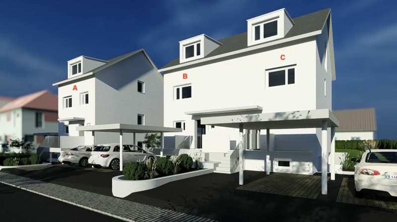 Bewilligtes Neubau-DEFH (Haus B+C), 6.5 DEFH, 3 Nasszellen, Garten, Sitzplatz, Carport & PP (1)