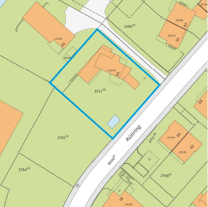 A lot with a length of 1513m, width of 2785m, depth of 9090m, surrounded by buildings.
