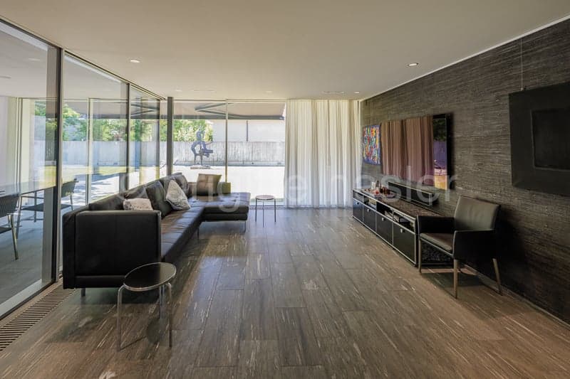 Modern living room, black leather sofa, large glass windows, wooden floors, minimalistic style, TV, decorative paintings