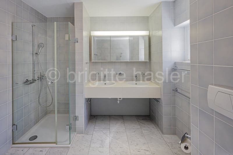 modern bathroom with shower, double sink, mirror, and toilet