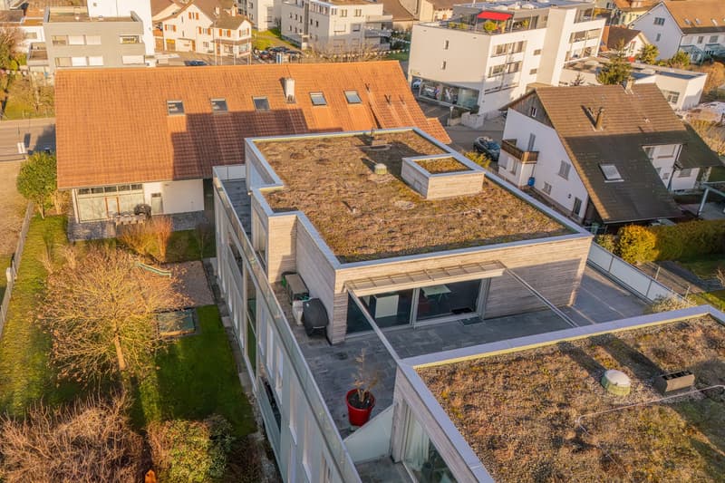 Modern house with a green roof, glass windows, and a balcony on the upper floor