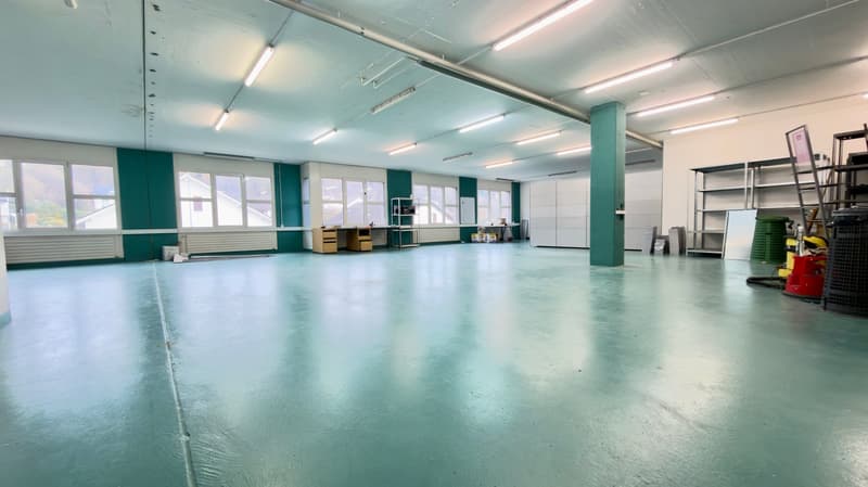an empty, open space with large windows, a white ceiling, ceiling-mounted lights, and several shelves