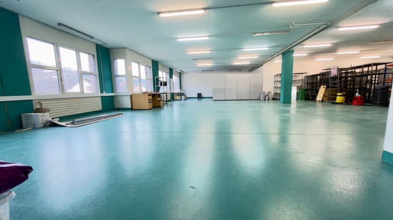 Open room, blue floor, white and green walls, many windows, white ceiling with lights, shelves, storage boxes, various objects