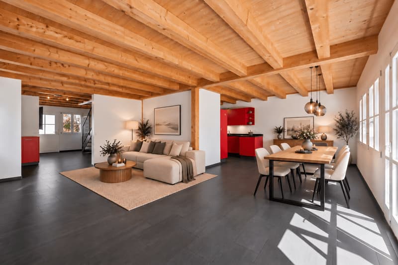 Wohnzimmer mit roter Küche1
