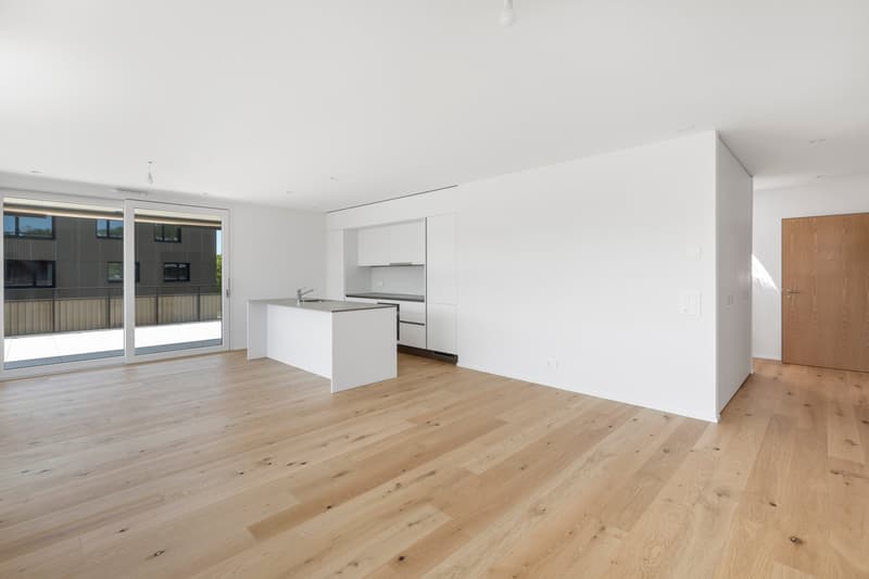 This image shows a modern, open-concept apartment with a large living space, a kitchen with white cabinets and countertops, and hardwood flooring throughout. The apartment has large windows that provide plenty of natural light and a view of the exterior.