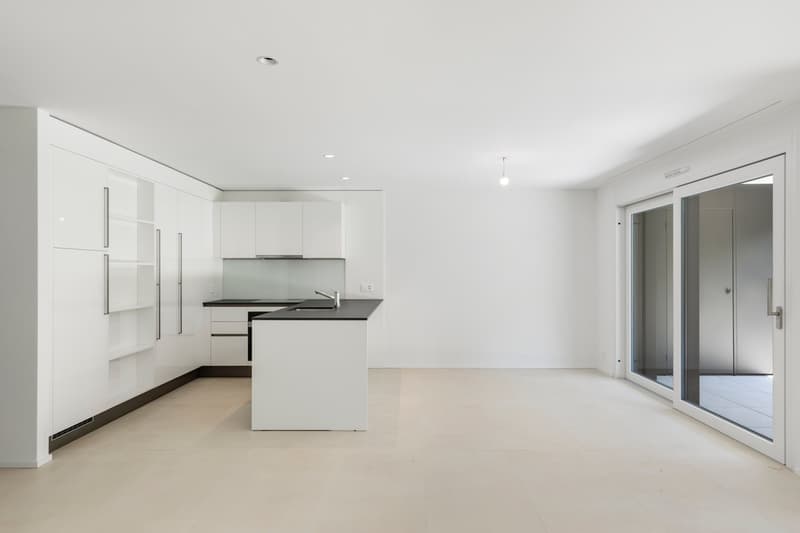 Open-concept living space with a modern kitchen, large windows, and sliding glass doors leading to a balcony or terrace.
