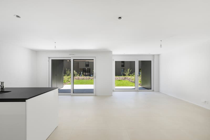 Spacious open-plan living area with large windows overlooking a garden, white walls, black countertop in the kitchen area, and sliding glass doors leading to an outdoor terrace or balcony.
