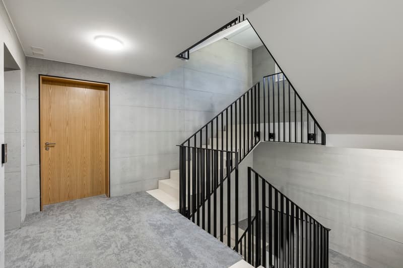 The image shows a hallway with a wooden door, a staircase with a black metal railing, and concrete walls. The floor is covered with gray tiles. The space appears to be modern and minimalist in design.